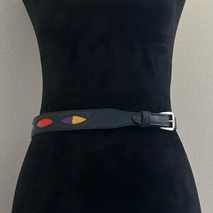 Women's Leather Multicolored Fabric Belt Size Small Silver Buckle Western Circle
